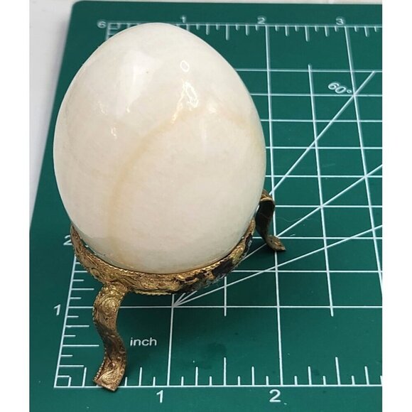 White Onyx Stone Egg With Vintage Gold-Tone Metal Stand Victorian Decor Vintage - Picture 8 of 12
